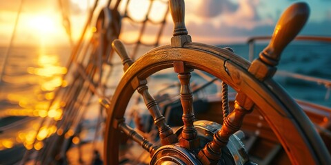 Old ship's steering wheel, close-up, warm sunset light, adventure and exploration on the high seas 