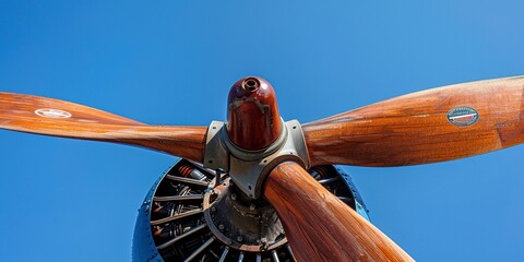 Antique wooden airplane propeller, close-up, clear blue sky background, dawn of aviation history  - obrazy, fototapety, plakaty