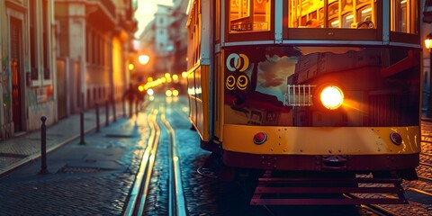 Vintage tram in historic city, close-up on the intricate details, twilight, charm of urban past 