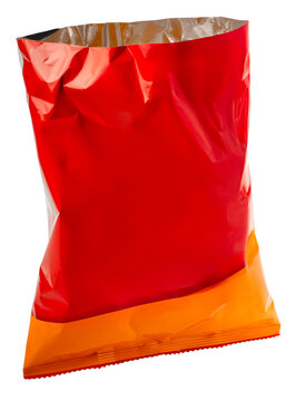 Food Packaging, Foil and plastic snack bags mockup bag opening cut isolate on white background, Red colored pillow packages for food production on White PNG File,