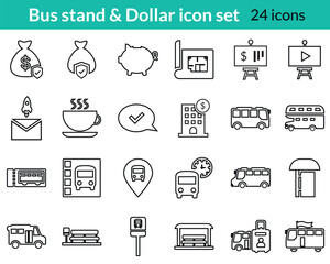 Bag, cash, money, Blueprint, plan, management, Bus, shuttle, coach icon set