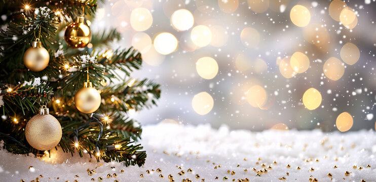 Christmas tree with golden ornaments on snow background copy space concept