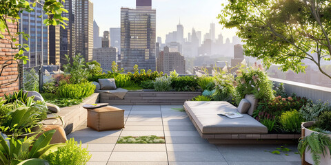 view from the garden, An urban rooftop garden with lush greenery, cozy seating areas, and panoramic...