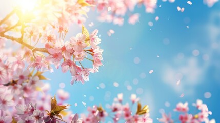 Obraz na płótnie Canvas Beautiful spring bright natural background with soft pink sakura flowers and birds