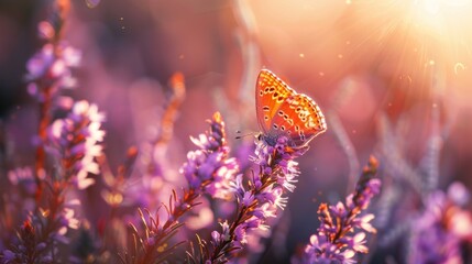 Violet heather flowers and butterfly in rays of summer sunlight in spring outdoors on nature macro, soft focus - obrazy, fototapety, plakaty