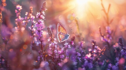 Violet heather flowers and butterfly in rays of summer sunlight in spring outdoors on nature macro,...