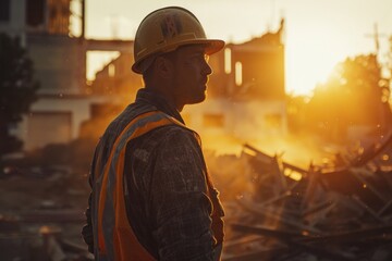 Construction engineer amidst ruins of failed project, reflecting weight of disaster and sense of isolation.
