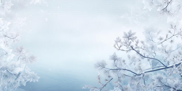 A Tranquil Winter Wonderland, Snowflakes Dance in the Frosty Air on tree branches on snowy background