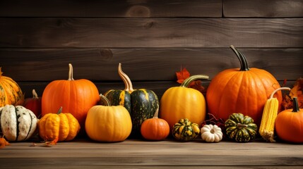 Autumn Harvest and Holiday still life Selection of various pumpkins on dark wooden background with copy space
