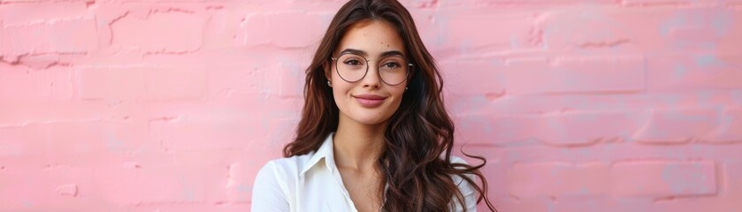 Fototapeta premium A woman with long hair and glasses is smiling at the camera