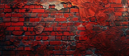 A weathered red brick wall with peeling paint