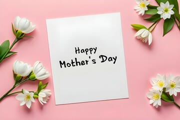 Happy Mother's Day wish note on a paper with the decoration of spring flowers on pink background