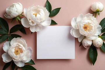 Greeting card mockup and beautiful white peony flowers on pastel pink background top view with copy space. Empty blank sheet card mock up for holiday greetings. Mother's day, birthday. Aesthetic
