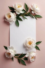 Greeting card mockup and beautiful white peony flowers on pastel pink background top view with copy space. Empty blank sheet card mock up for holiday greetings. Mother's day, birthday. Aesthetic