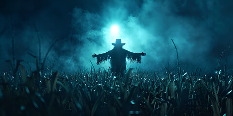 Spooky scarecrow in a corn field on halloween night. generative ai  - obrazy, fototapety, plakaty
