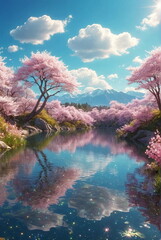 Beautiful landscape in japanesse style . Blue sky, clouds, blossoms, lake water, sun, mountains. Wallpaper, poster