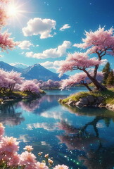 Beautiful landscape in japanesse style . Blue sky, clouds, blossoms, lake water, sun, mountains. Wallpaper, poster