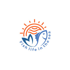 Fish life in the sea, marine life icons, sun and fish logo combination