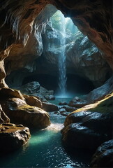 Beautiful mountain cave with a waterfall. Canyon landscape. Poster