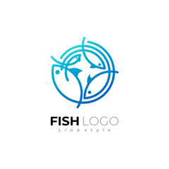 Fish logo with circular design template, line style design , blue