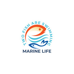 Fototapeta premium Two fish are swimming logo, marine life design template