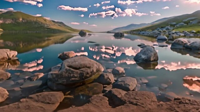 video a lake with large rocks