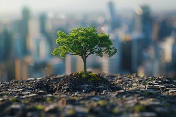 Tree growing on the top of the mountain with cityscape background.