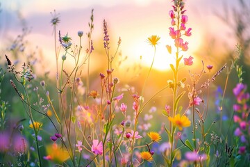 Fototapeta na wymiar beautiful bright wild flowers against the background of sunrise. flowering field 
