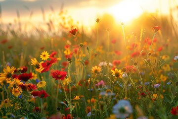 beautiful bright wild flowers against the background of sunrise. flowering field