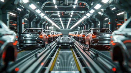 Car production line with unfinished cars in rows