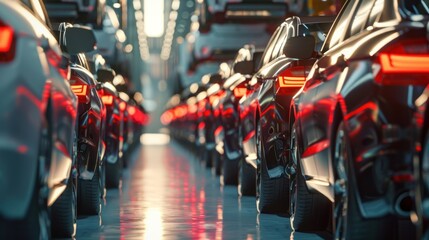 Car production line with unfinished cars in rows - obrazy, fototapety, plakaty