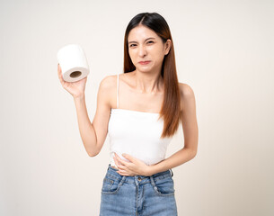 Beautiful young asian woman holding tissue paper go to toilet. Charming female lady standing pose...