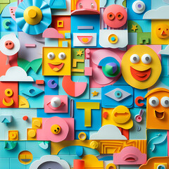 Vibrant Emoji Mosaic Minimalistic Paper Cut Craft Illustration for World Emoji Day. generative ai 