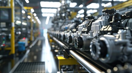 Production line for producing engines in a new car engine factory, engines on the line - obrazy, fototapety, plakaty