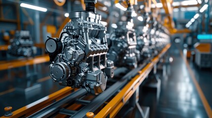 Production line for producing engines in a new car engine factory, engines on the line