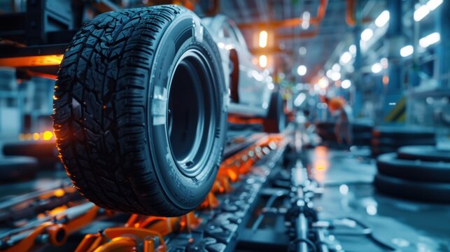 The automatic manipulator holds the finished car tire after the end of the vulcanization process