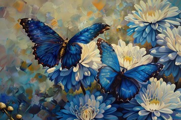 blue tropical butterflies on chrysanthemum flowers painted with oil paints