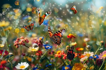 colorful butterflies flying in a flowering meadow 