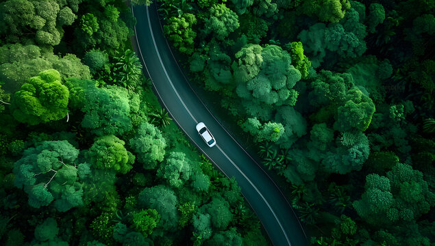 Aerial view of dark green forest road and white electric car Natural landscape and elevated roads Adventure travel and transportation and environmental protection concept