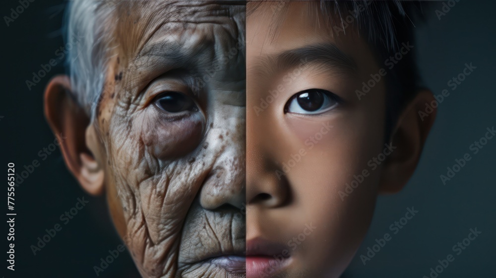 Wall mural the face is divided into two halves - half of an asian boy and half of an old asian man. distinguish