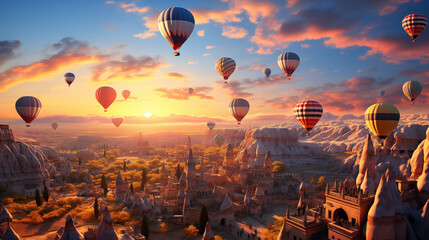 A Cappadocian Dawn: Ballooning Above Ancient Wonders Bathed in Golden Light - obrazy, fototapety, plakaty