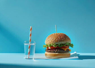 Delicious hamburger and refreshing glass of water on table against blue background, simple and appetizing meal concept
