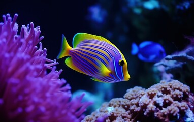 Naklejka na ściany i meble Vibrant angelfish swimming in coral reef