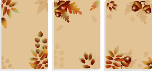Set-of-beige-cards-on-an-autumn-theme-with-oak-leaves,-acorns-with-a-gradient.