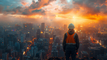 Engineer double exposure image blending the silhouette of a man's profile with a vibrant urban sunrise over a cityscape, illustrating a connection with urban life. - obrazy, fototapety, plakaty