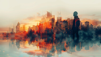 Engineer double exposure image blending the silhouette of a man's profile with a vibrant urban sunrise over a cityscape, illustrating a connection with urban life.