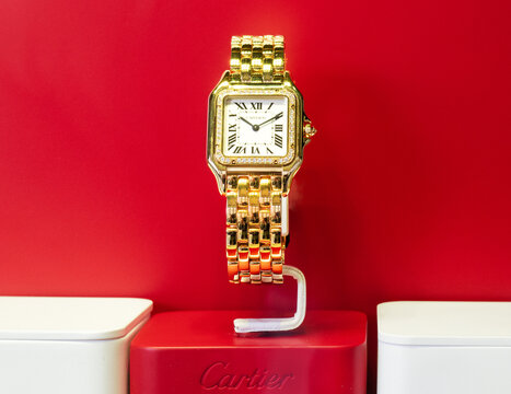 Precious Cartier gold wristwatch with diamond frame on the dial.Milan - Italy,03 April 2024