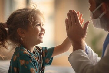 Happy cute child giving high five to male doctor
