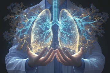 Medical doctor holding glowing virtual human lung in hands in Respiratory system protection and health care concepts - obrazy, fototapety, plakaty