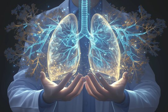 Medical doctor holding glowing virtual human lung in hands in Respiratory system protection and health care concepts